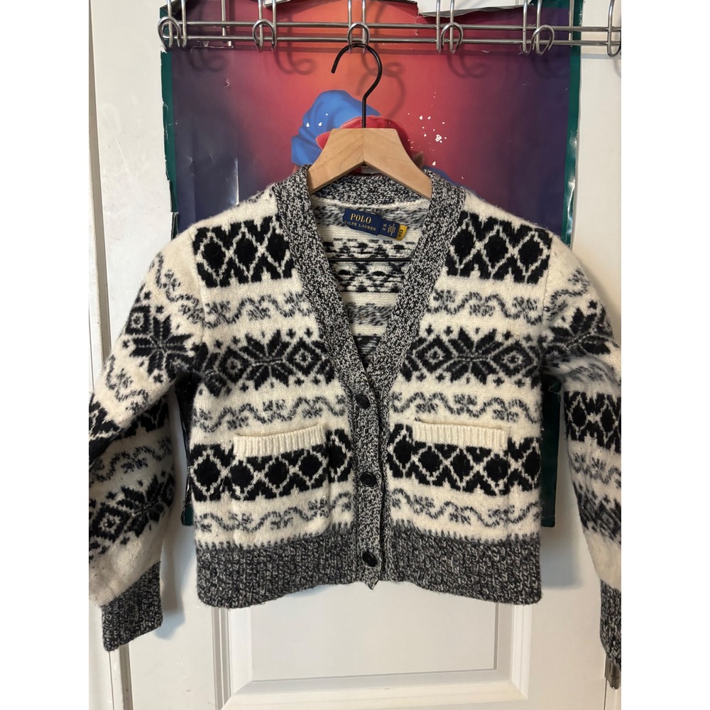 Polo Ralph Lauren Fair Isle Cardigan Sweater Black White Grey Wool Blend XS